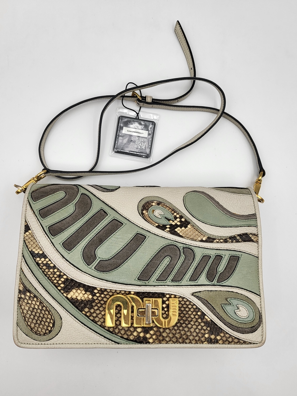 Miu Miu Leather-Suede-Python Logo Shoulder Crossbody Bag. Auth. w/COA..